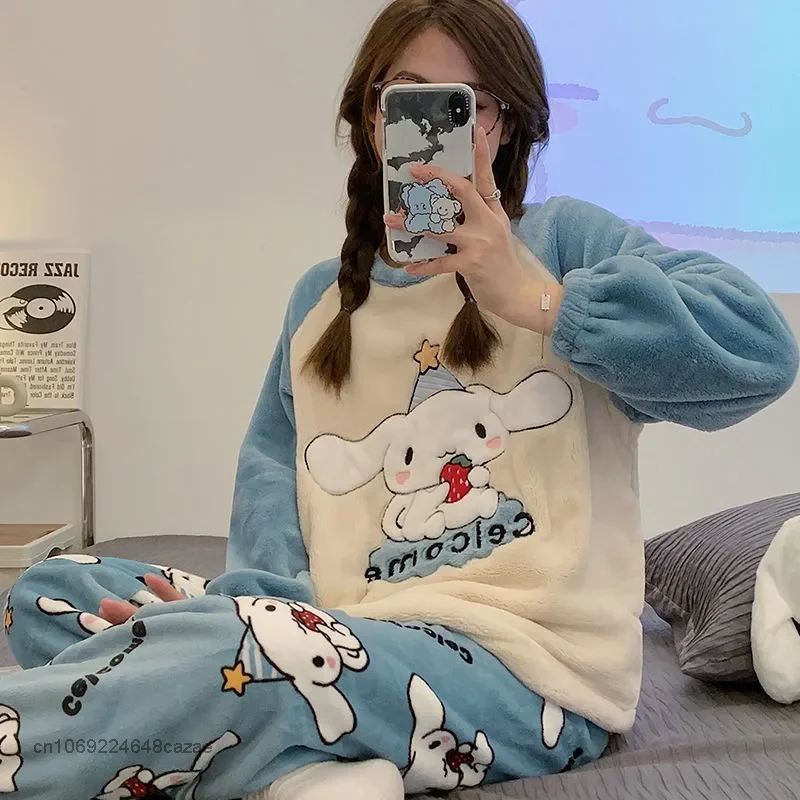 Sanrio Cinnamoroll Nieuwe Thuis Kleren Y2k Pluizige Pyjama Tops Broek 2 Delige Set Vrouwen Pluche Nachtkleding Pak Vrouwelijke Bijpassende Oufits