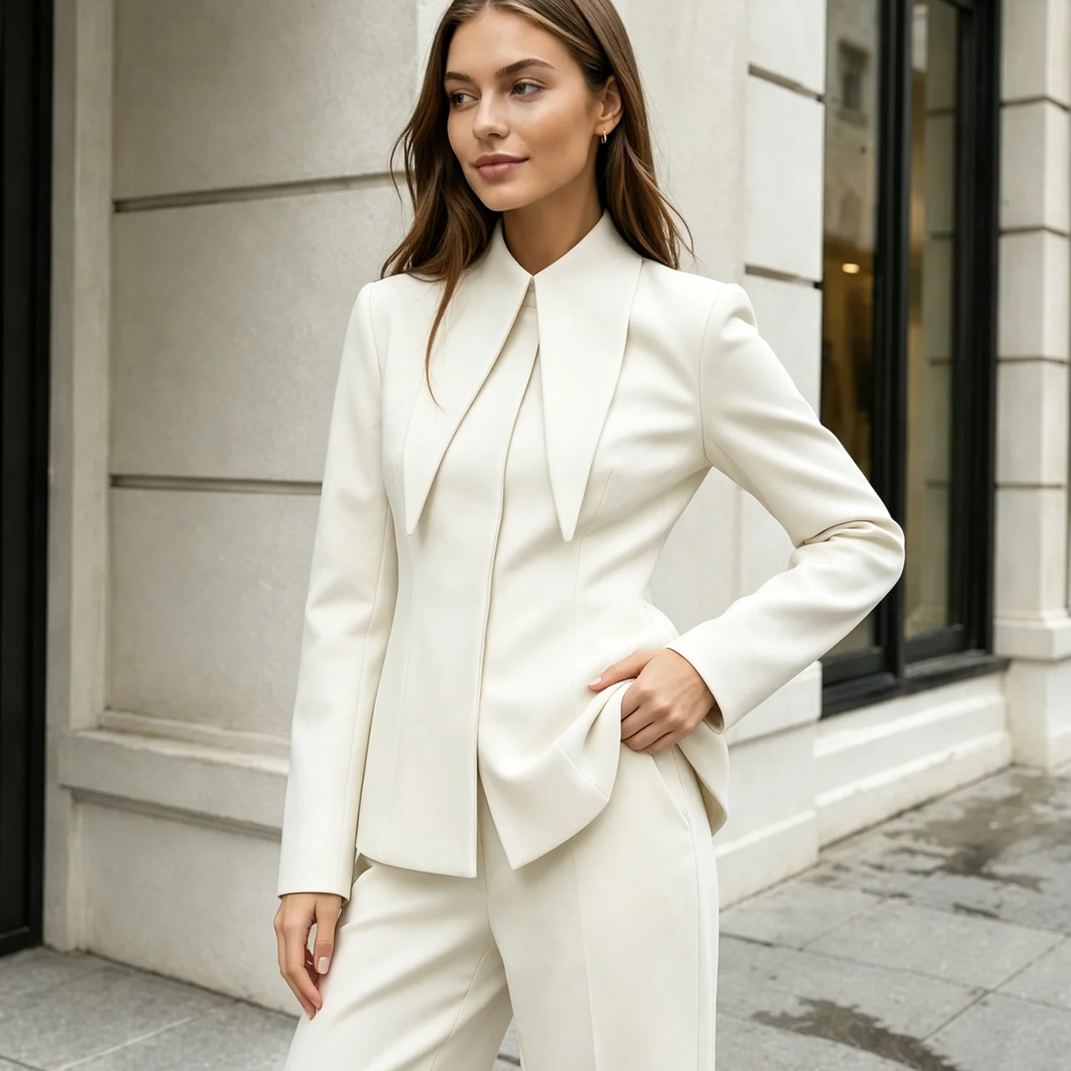 PUAL  2026 New Women  Fitted Blazer Sharp Point Collar Long Sleeve Slim Tailored Jacket Elegant Office Commute Formal Outerwear