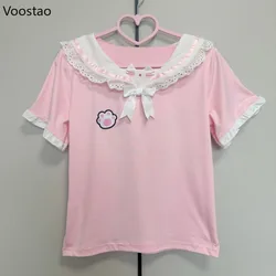 Japanese Kawaii Cat Cartoon Lolita Crop Tops Women Y2k Aesthetic Embroidery Bow Lace Patchwork Pink T-shirts Cat Ears Tees Top