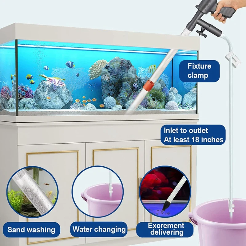 Aquarium Vacuum Cleaner Fast Fish Tank Siphon Cleaning Seaweed Scraper Air Pressure Button Water Changer Fishing Net Kit