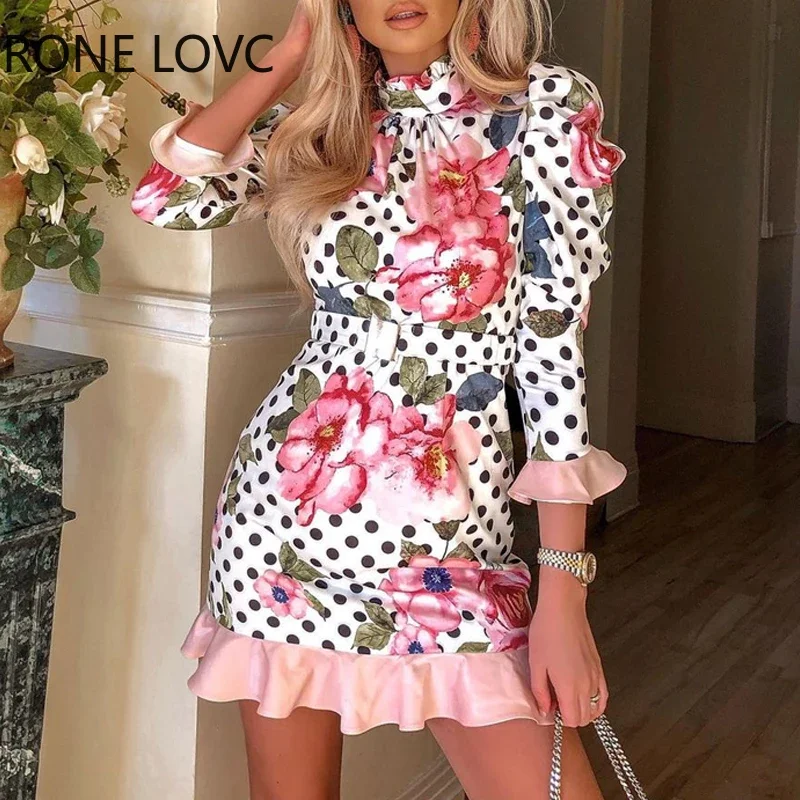 

Floral Polkadot Print Bell Sleeve Ruffles Dress Women Spring Dress