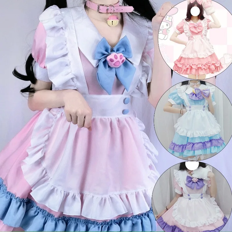 Student Anime Lolita Cosplay Costumes Kawaii Cat Paw Pink Bow Apron Maid Outfits Lace Ruffles Princess Party Dress WomenClothing