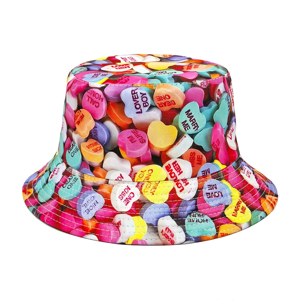 Heart Shaped Candy Pattern Panama Women Men Summer Outdoor Sunscreen Bucket Hats Love Decorate Fisherman Hat Female Sun Gorras