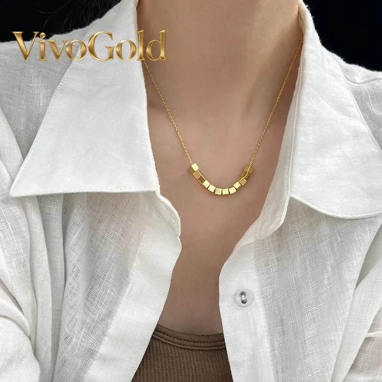 VivoGoldNew clavicle chain 24K flashing small square necklace 9999 Real gold women's ins cold and simple light luxury design nec