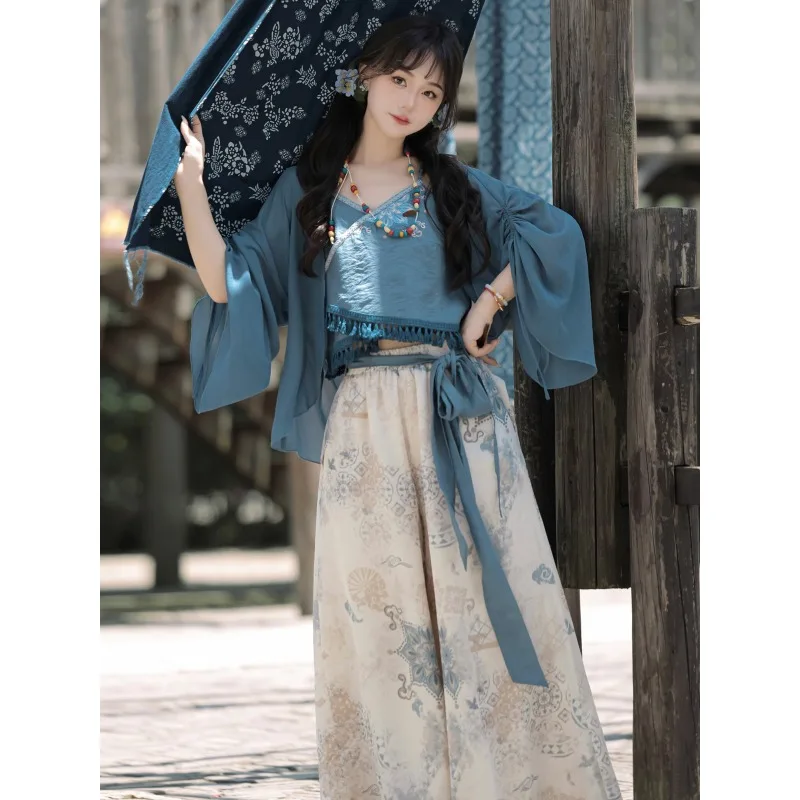 

Women's pants set, summer thin style, new Chinese style Hanfu, camisole short-sleeve Song