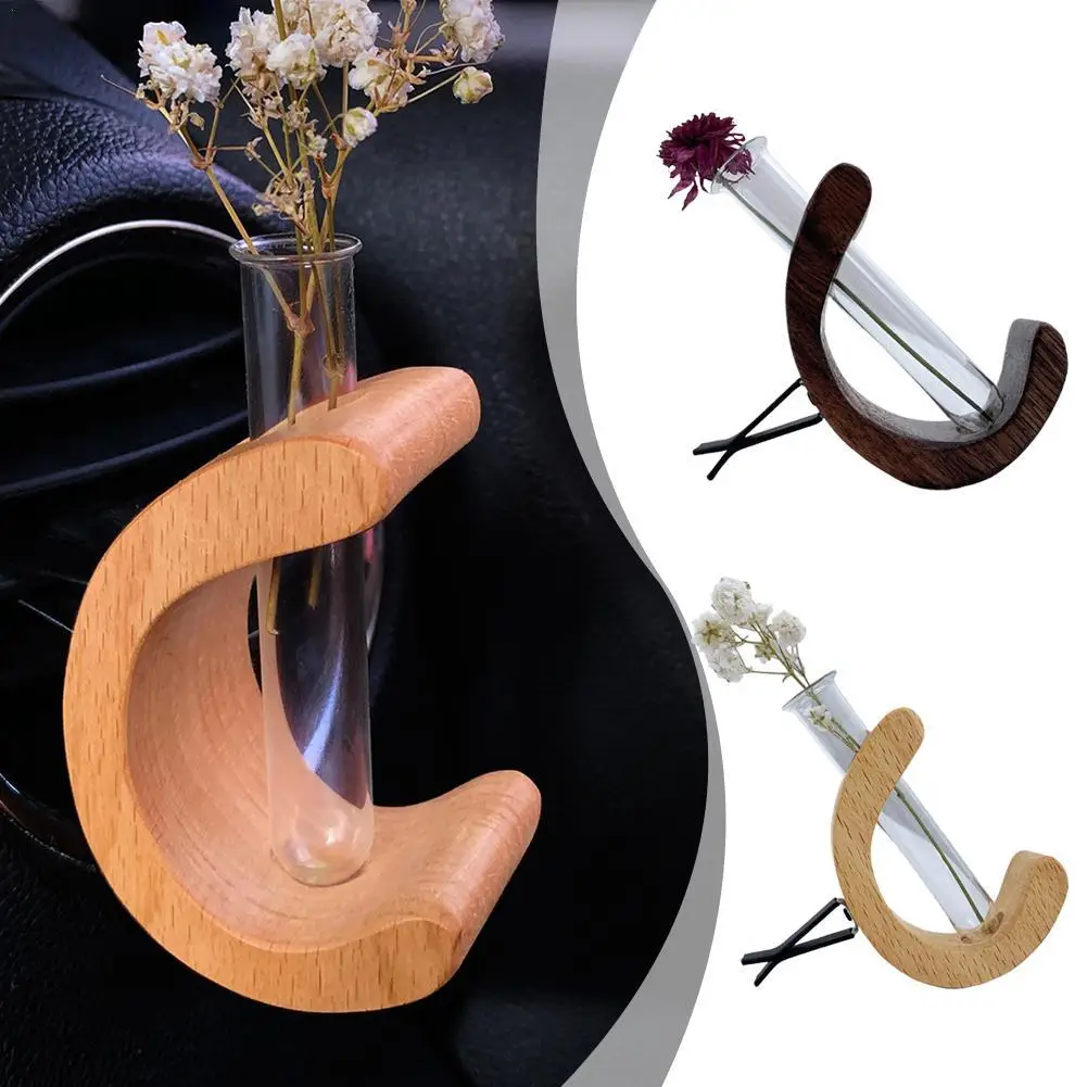 1Pc Test Tube Solid Wood Vase C-shaped Narrow Flower Arrangement Device Solid Wood Hydroponic Glass Vase Home Decoration