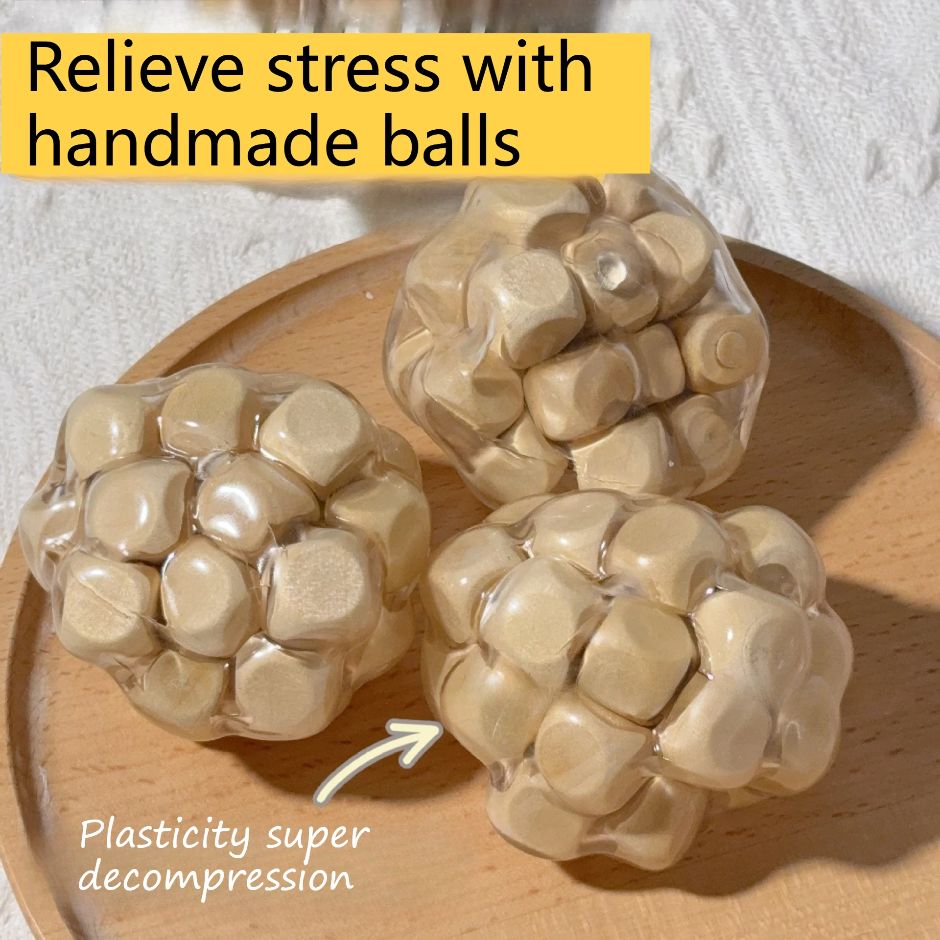 Squishy WOOD Stress Handmade Ball Sensory Toys for Adults Kids, Anxiety Relief Fidget Toys, Squeeze Balls for ADHD Autism Focus