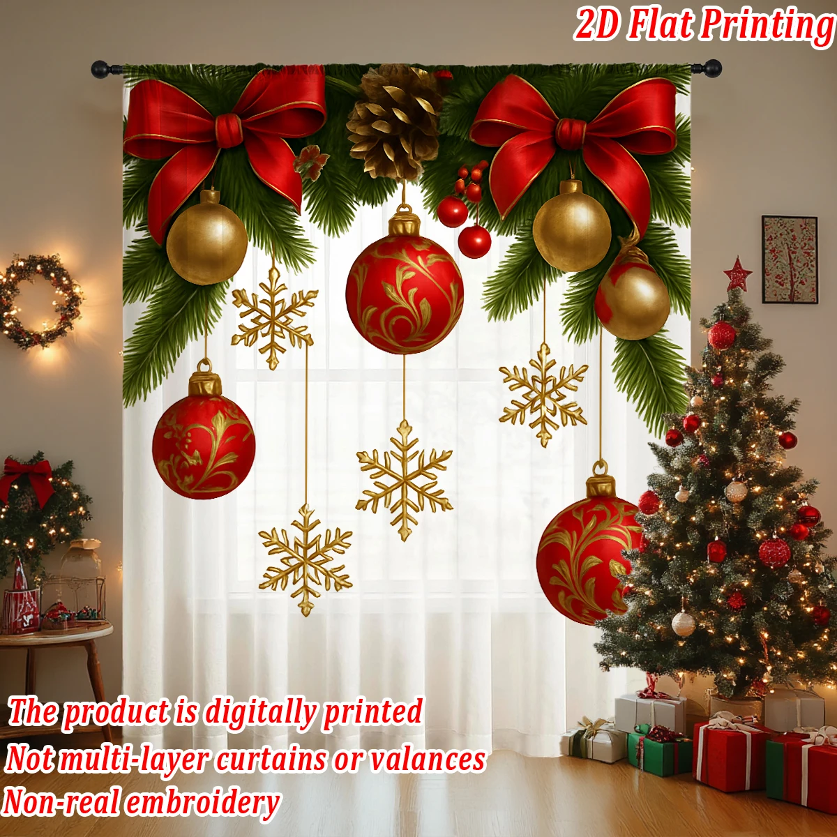 Christmas Flat Printing Sheer Curtain with Christmas Ball Snowflak Bow Pinecone for Living Room Bedroom Decor Holiday Party