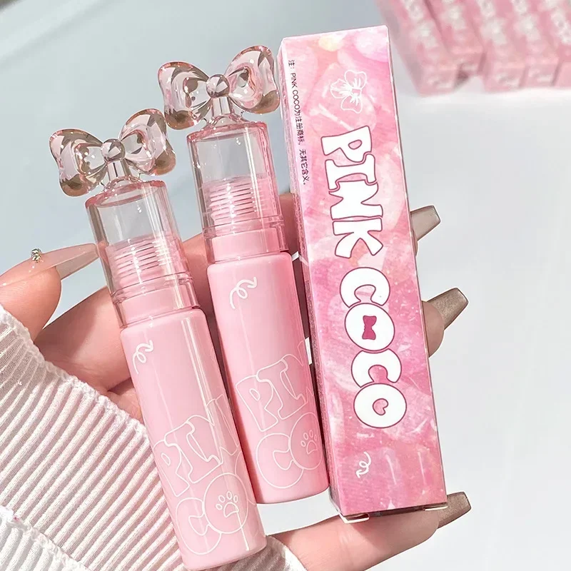 ROSA COCO Bow wässriger farbiger Lipgloss, feuchtigkeitsspendend, langlebig, Antihaft-Cup-Lippenstift, rosa Tönung, zarter Lippenbalsam, koreanische Kosmetik