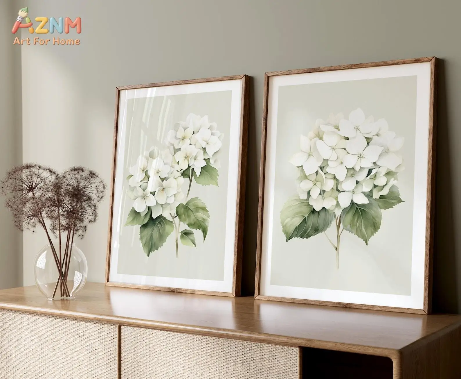 Beige ivory hydrangeas wall art set of 2, Light green botanical flower watercolor prints, Neutral Living room bedroom decor