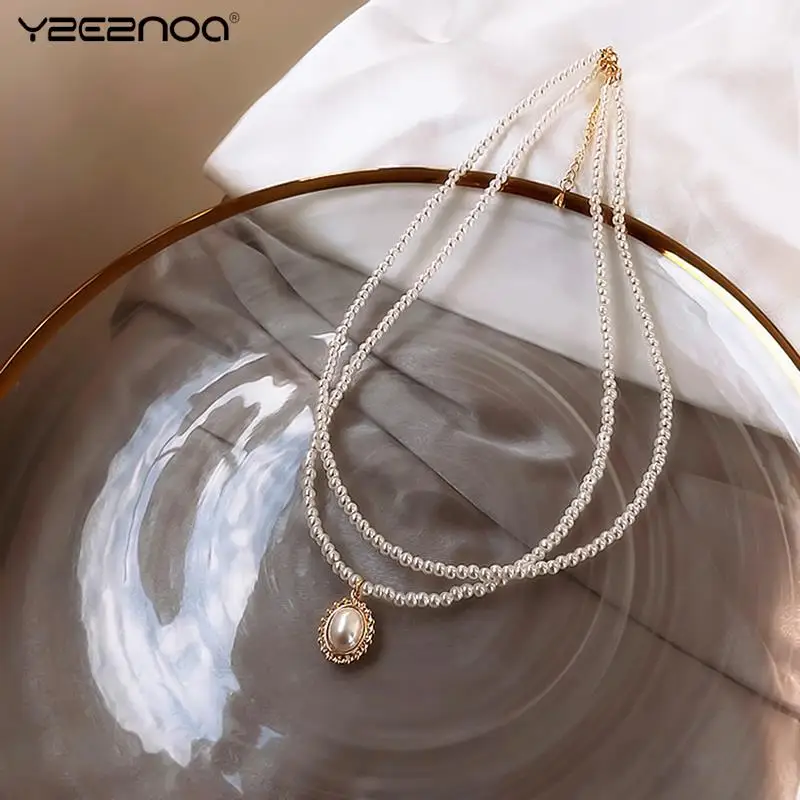 Popular Double Layer Pearl Pendant Necklace Gold Color Necklace Women Korean Style Pearl Pendant Necklace Fashion Jewelry Collar