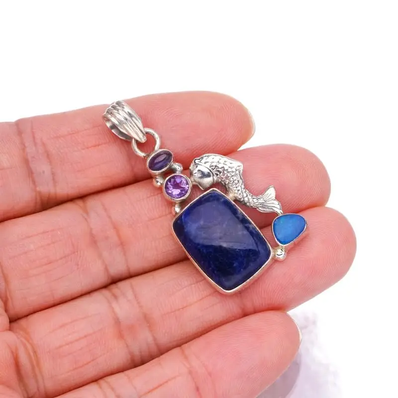 

StarGems Natural Sodalite&Carp,Amethyst And Opal Handmade 925 Sterling Silver Pendant 1 3/4" F6494