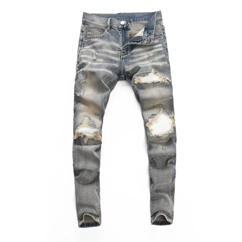 Men Grey Vintage Sand Washed Distressed Big Frayed Hole Stretch Skinny Denim Jeans Retro Hip Hop Urban Trend Denim Jeans hombre