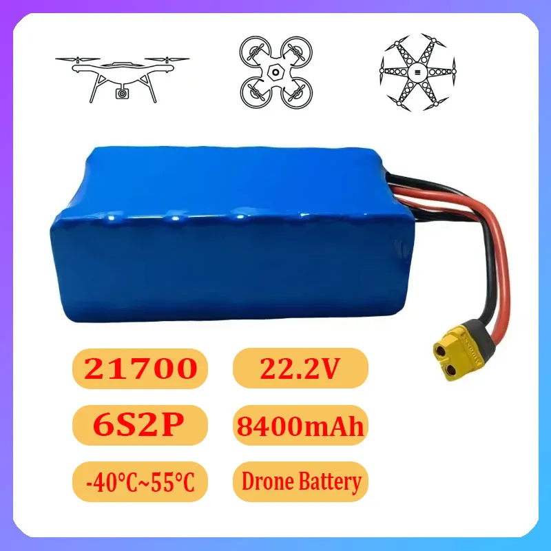 22.2V Drone Lithium Battery Pack -40℃ 21700 6S2P 8400mAh RC Car Agricultural Spraying Model Aircraft Battery for Taiwan Molicel