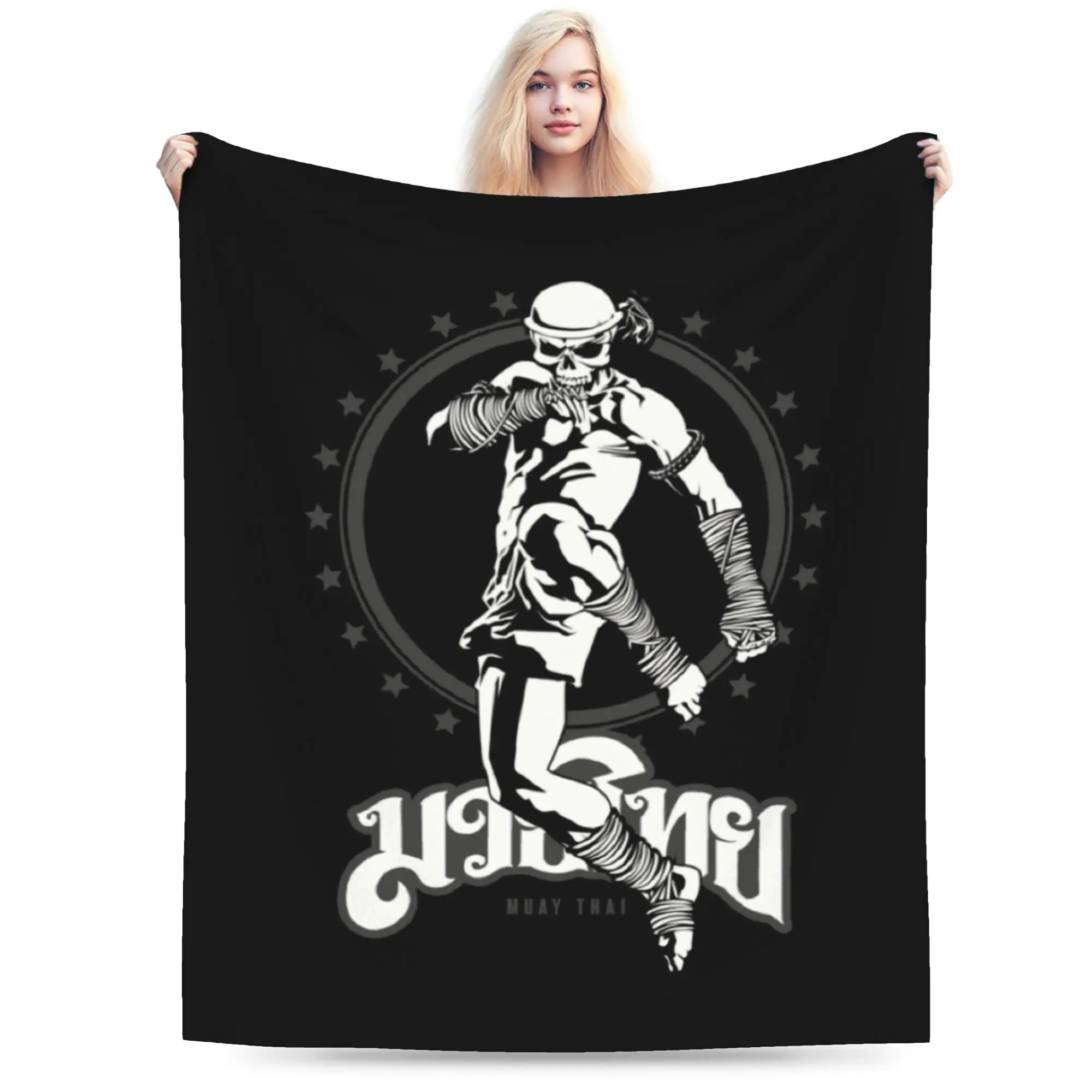 Custom 3D Print Muay Thai Skull Blankets Soft Flannel Winter Thailand Martial Art Sport Power Kick for Sofa Outdoor Bedroom
