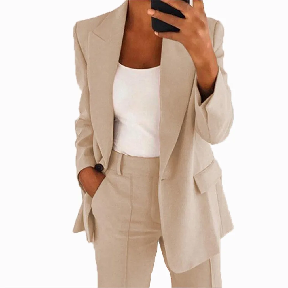 Women 2 Pieces Set Blazer Long Sleeve Blazers Women's Tailored Slim Fit Suit Jacket Notched Lapel Cropped Blazer Light Blue
