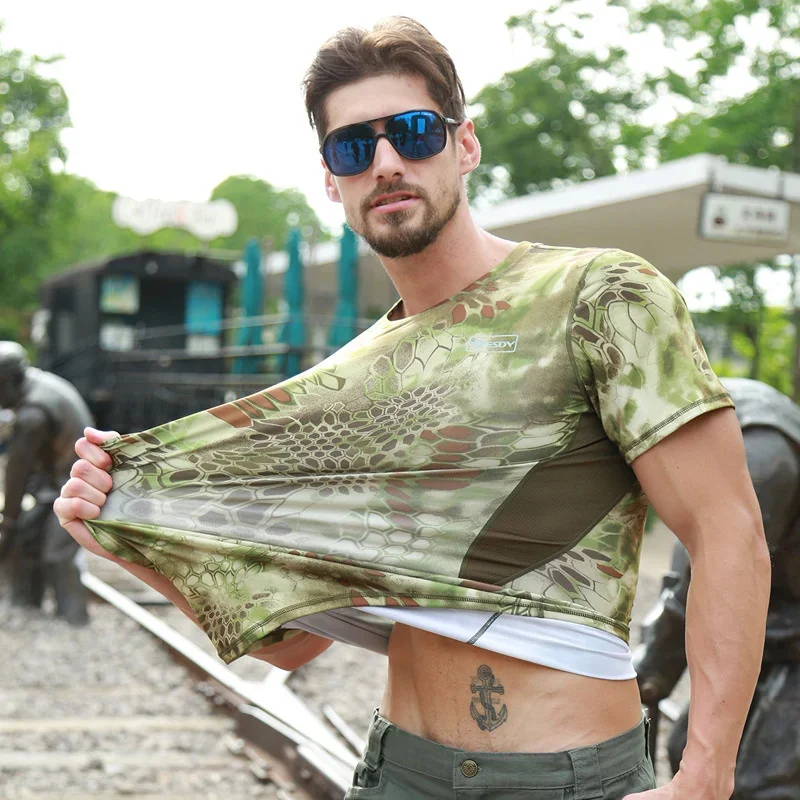 New Summer Python Camouflage Speed Coat Outdoor Climbing Camping Running Trainning Short Sleeve Cycling Fishing Male Shirt