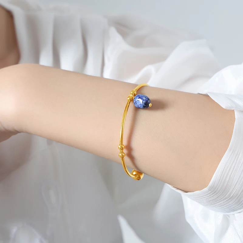 Simple Cuff Bracelet For Women Gold Plated Stainless Steel Red Agate Blue Natural Stone Pendant Wristband Women Bangles Jewelry