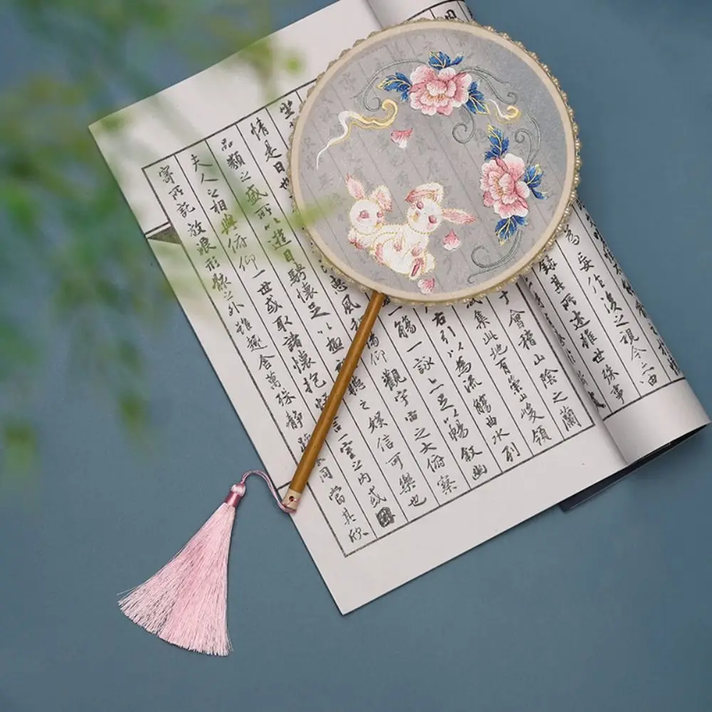 Home Decor Classical Round Fan Embroidered Semi-transparent Silk Fan Double Sided With Tassel Hand Fan Wedding