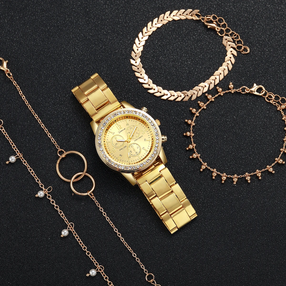 Fashion Women Golden Color Stainless Steel Quartz Watch With Bracelet Set 5PCs