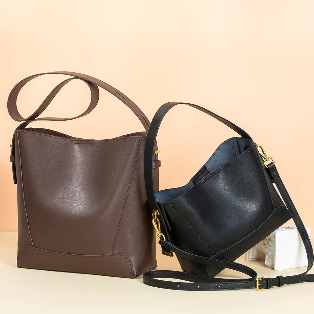 Lady Tote Bag Genuine Leather Women's Bag Cowhide Texture Bucket Bag Exquisite Large Capacity Shoulder Crossbody Bag Women