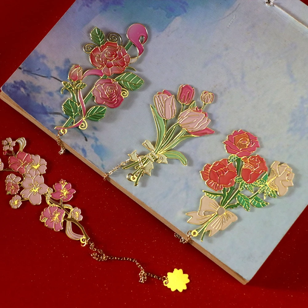 1/4pcs flowers hollow metal bookmark, rose flower language bookmark rose tulip cherry blossom literature and art fresh