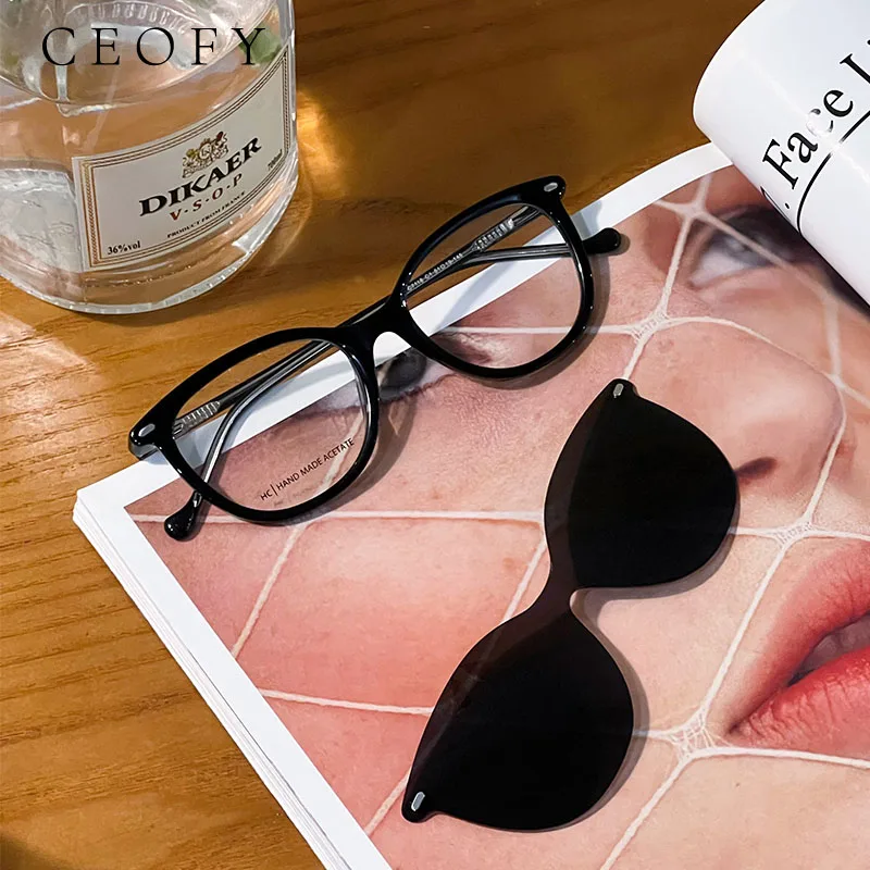 

Ceofy ацетатная женская оправа для очков ручной работы, модная поляризационная оправа для очков для близорукости в стиле ретро, солнцезащитный зажим, магнит, оптическая оправа для очков по рецепту