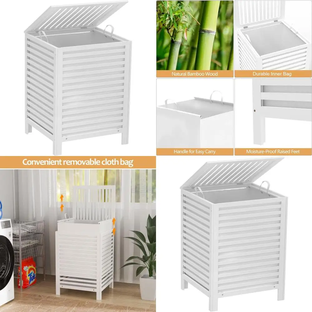 

Бамбуковая корзина для белья 90 л с крышкой и съемным вкладышем - большая корзина для одежды для спальни или ванной комнаты, белая