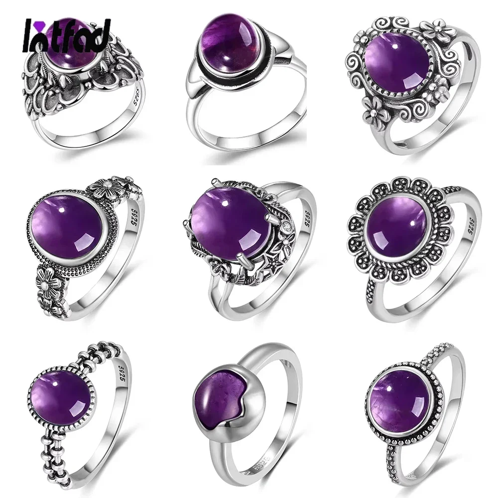 

Luxury Vintage arcane Natural Amethyst Rings 925 Sterling Silver Fashion Fine Jewelry Wedding Party Ring Gifts for Women