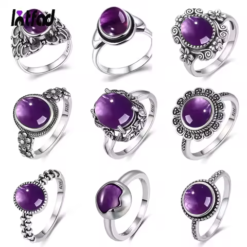 Luxury Vintage arcane Natural Amethyst Rings 925 Sterling Silver Fashion Fine Jewelry Wedding Party Ring Gifts for Women