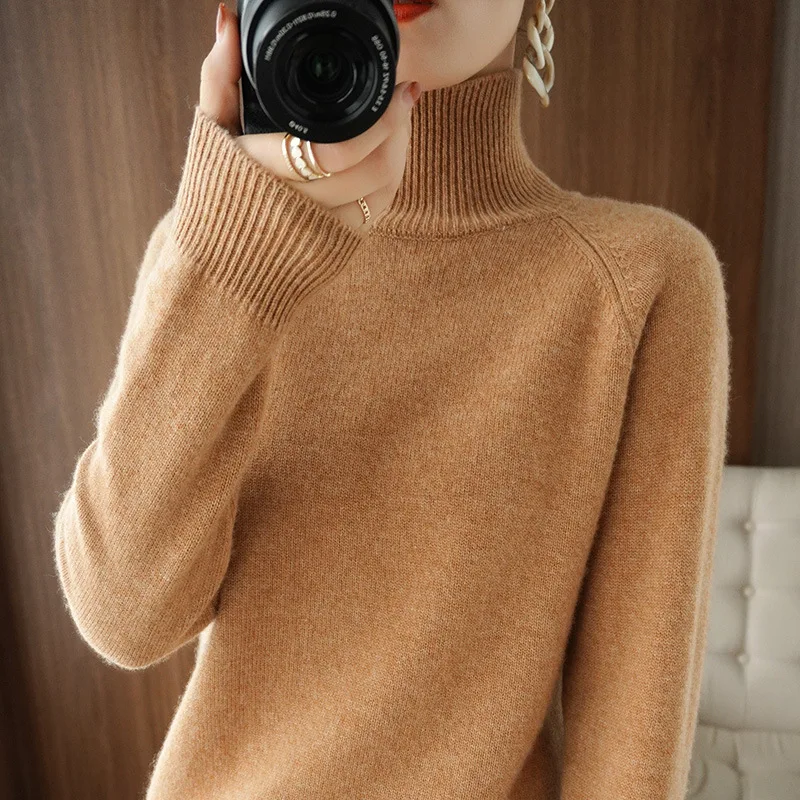 Fashion Basic Autumn Winter  Leisure Women Sweater Mock Neck Cashmere Pullover Solid Color Soft Long Sleeve Clothing Tops