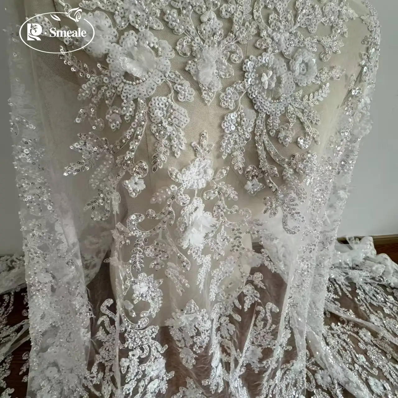 3D-Chiffon-Applikationen-Spitzenstoff mit Glitzernden Pailletten, DIY-Brautkleid, Stoff zum Nähen – Detail 6