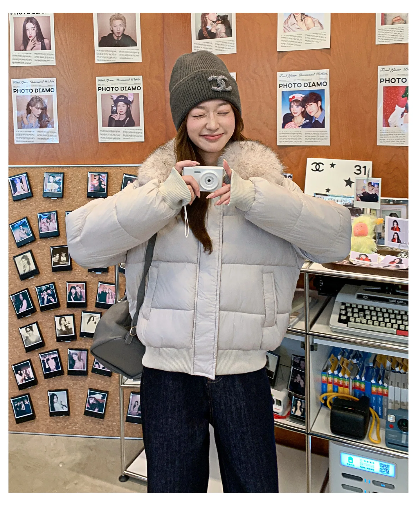 Korean Version Fashion Gray Long-sleeved Short Down Cotton Clothes Women's Winter New Removable Fur Collar Splicing Warm Jacket