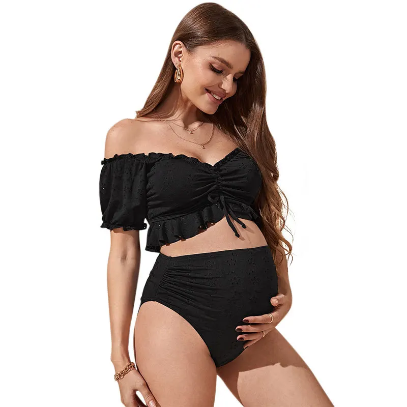 Maternity Bikini Set Tie Front Off Shoulder Two Piece Swimsuit Pregnant Women Bathers Black Bathing Suit Summer Beach Swimwear