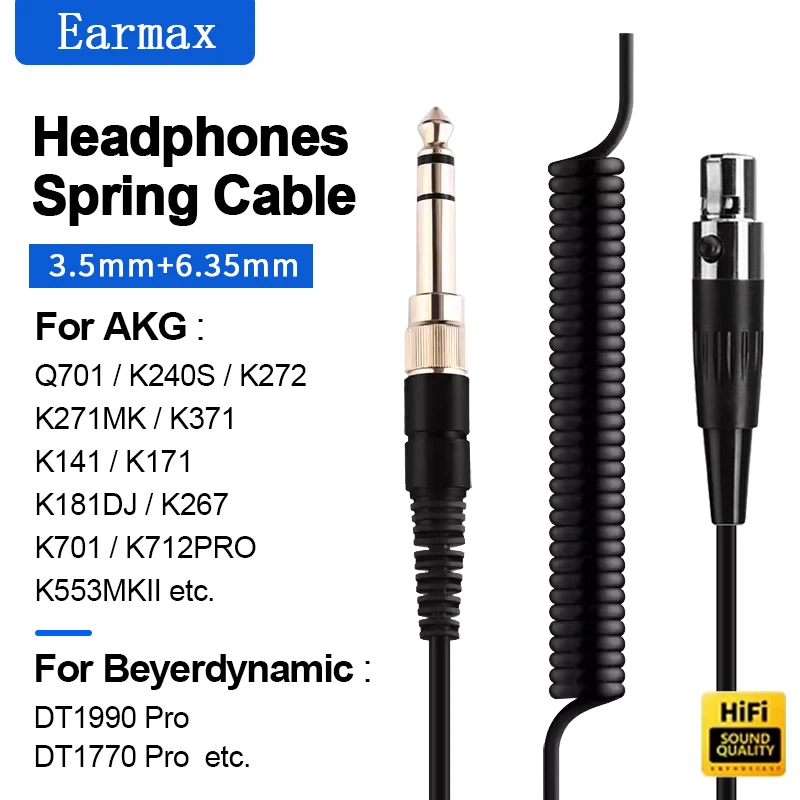 For Q701 K240S K371 K701 K712PRO DT1990PRO DT1770PRO Headphone Replaceable 6.35/3.5mm to Mini XLR 3-Pin Headphone Spring Cable