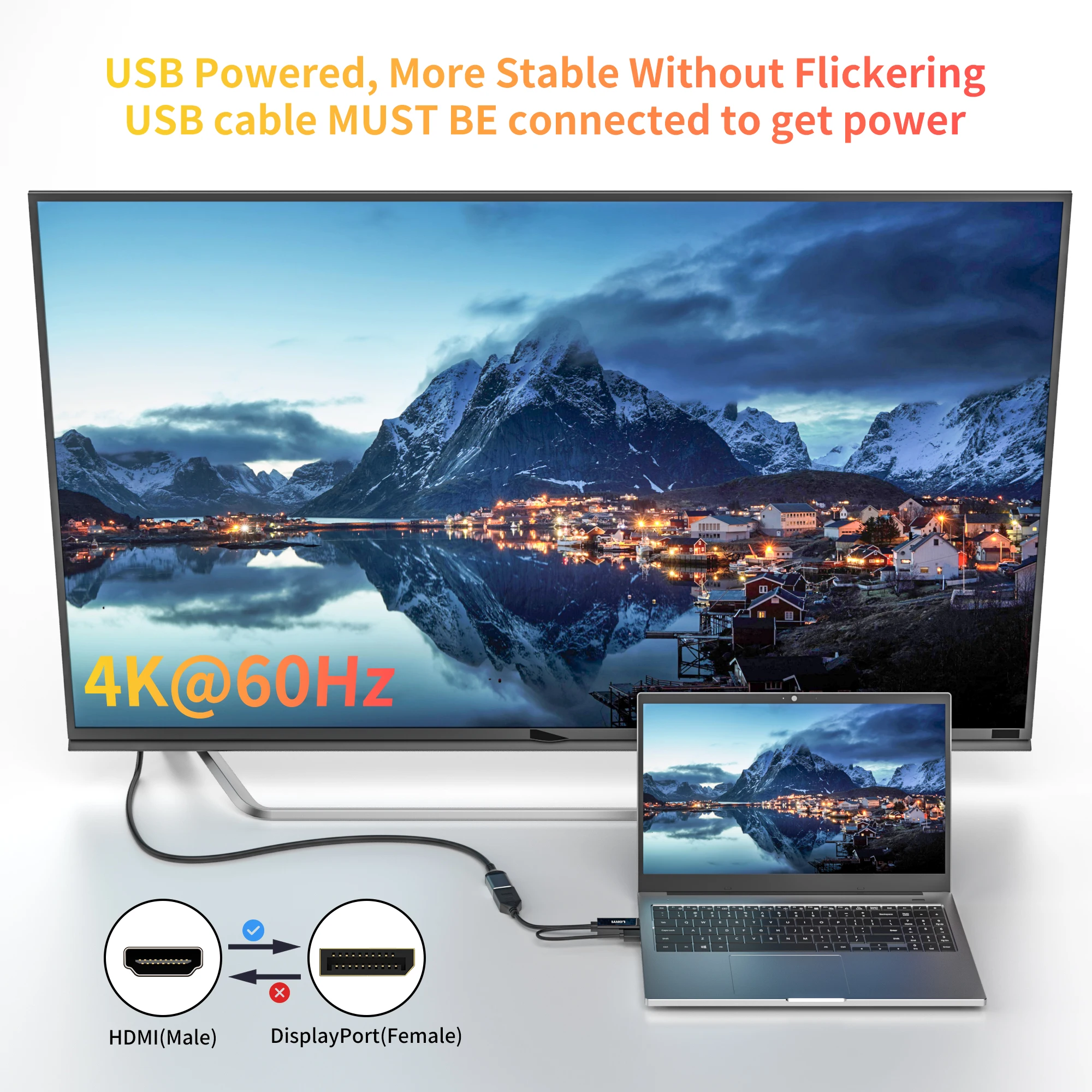 LORYI HDMI TO Displayport Cable 4K 60Hz HDMI to Displayport Converter With USB Power Male to Female For Monitor PS5 Mac Mini