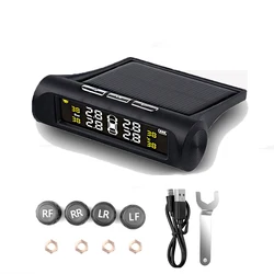 Carro Solar USB Power Tire Pressure Monitoring System, Tempo Real, Monitor de Temperatura, TPMS, Alto e Baixo, Alarme, Digital