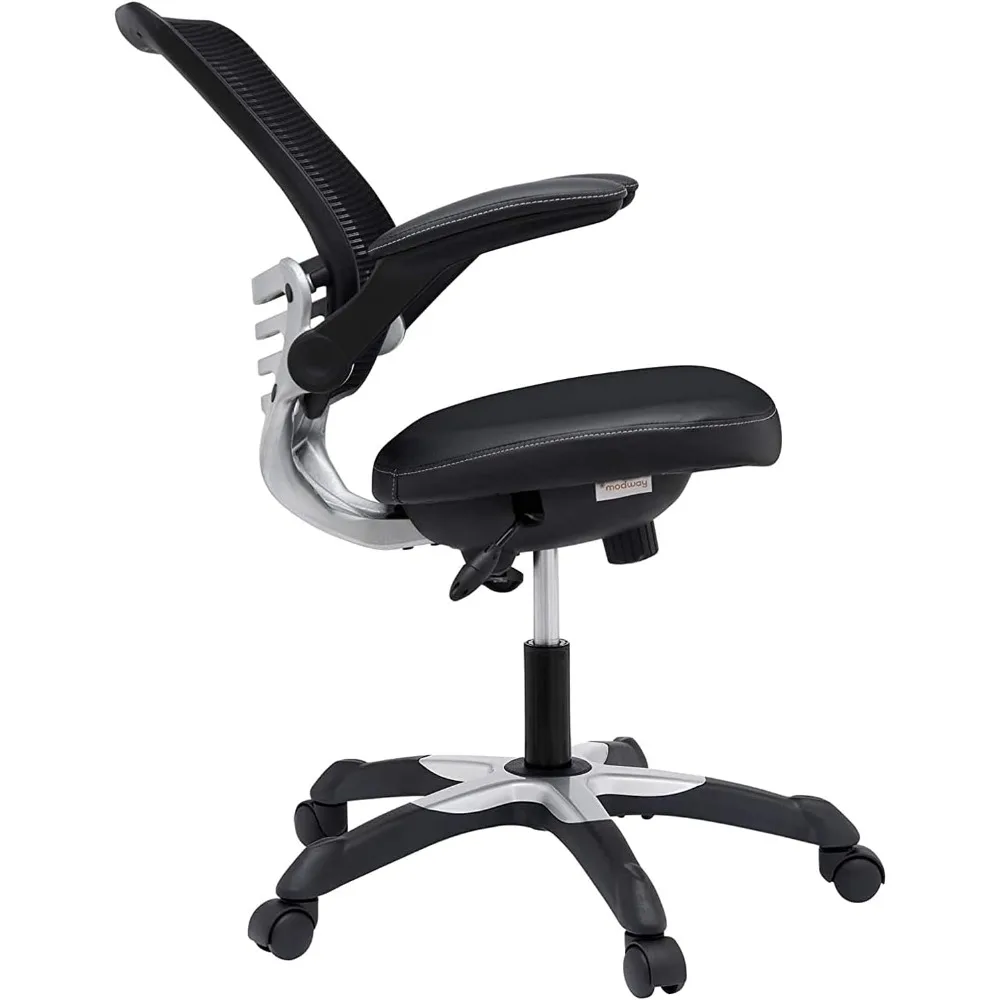 scrivanie per computer nere con sedile in vinile bianco e sedia da ufficio con braccioli ribaltabili