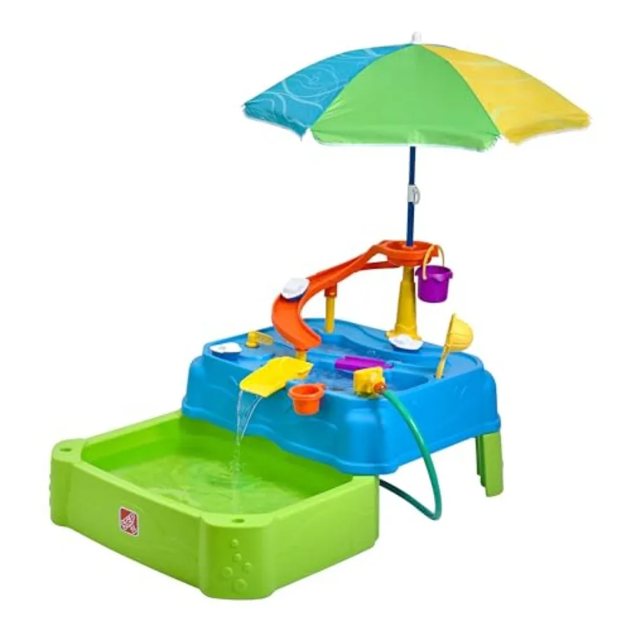Waterpark Wonders Mesa de água de duas camadas, conjunto de jogos sensoriais de atividades aquáticas para crianças, vem com guarda-chuva, brinquedos de verão ao ar livre, 11 peças