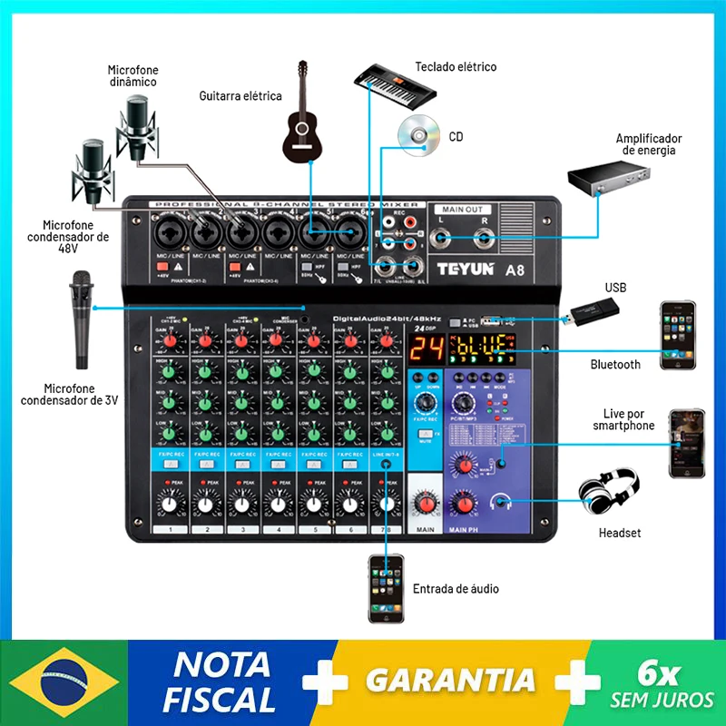 TEYUN 8 Channel Audio Mixer Professional Portable Mixer Sound Table Board Digital MP3 Computer Input 48v Power Number A6 A8