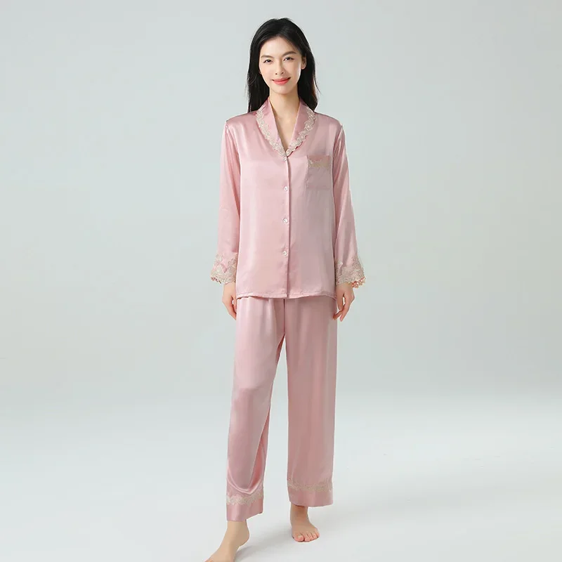 

Брюки с длинными рукавами из 100% тутового шелка 19 мм, пижамный костюм, кружевной кардиган с вышивкой, пижамный комплект, удобная домашняя одежда на весну и осень