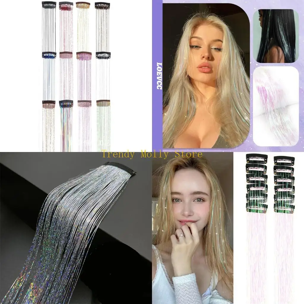 

N5KB Set of 12pcs Rainbow Color Hair Tinsel 20 Inches Clip In Easy Use Stage Headwear