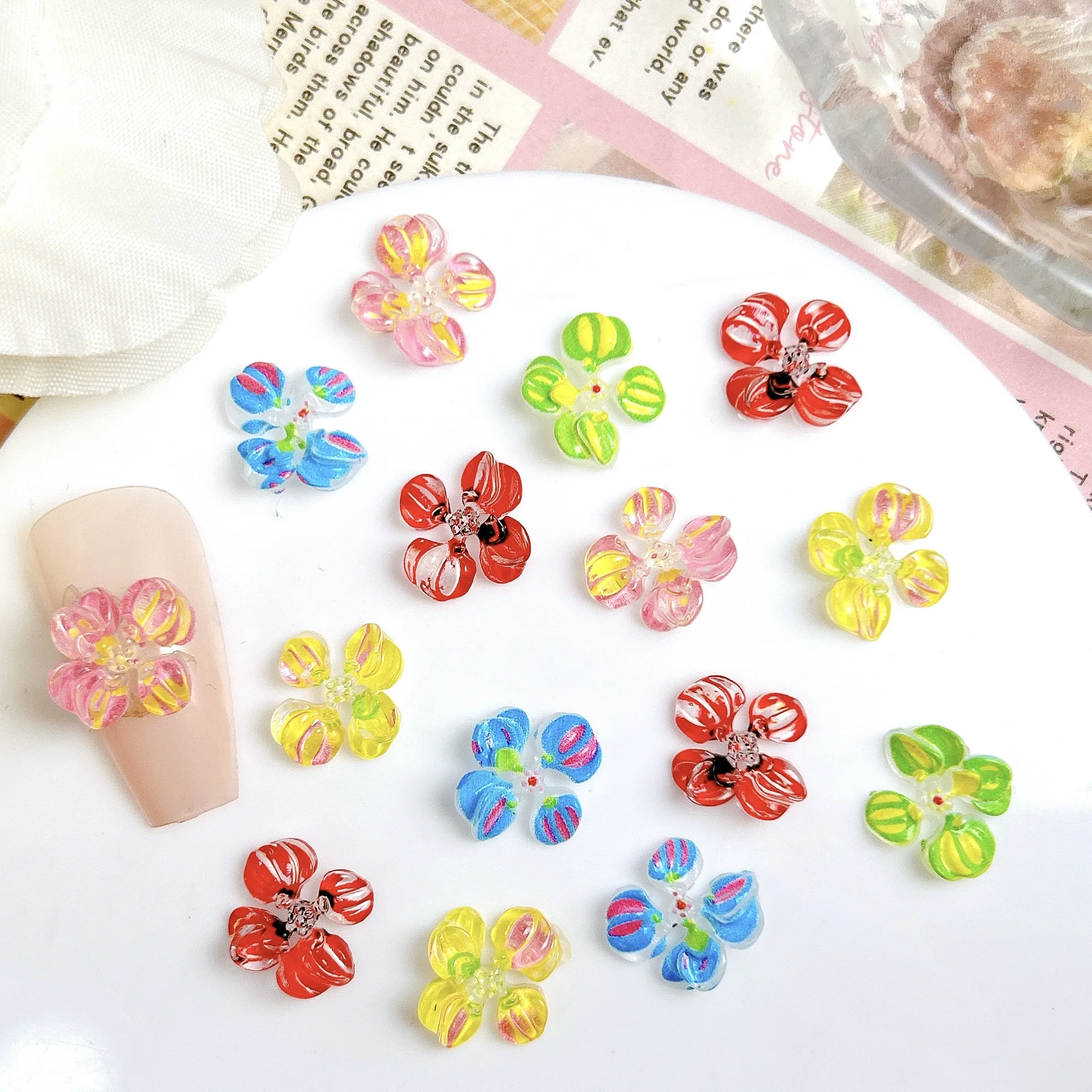 20PCS Innovative Funny Painted Blossoms Resin Nail Charms Colorful Ice Transparent Four-petal Flowers Nail Art Decorations DIY
