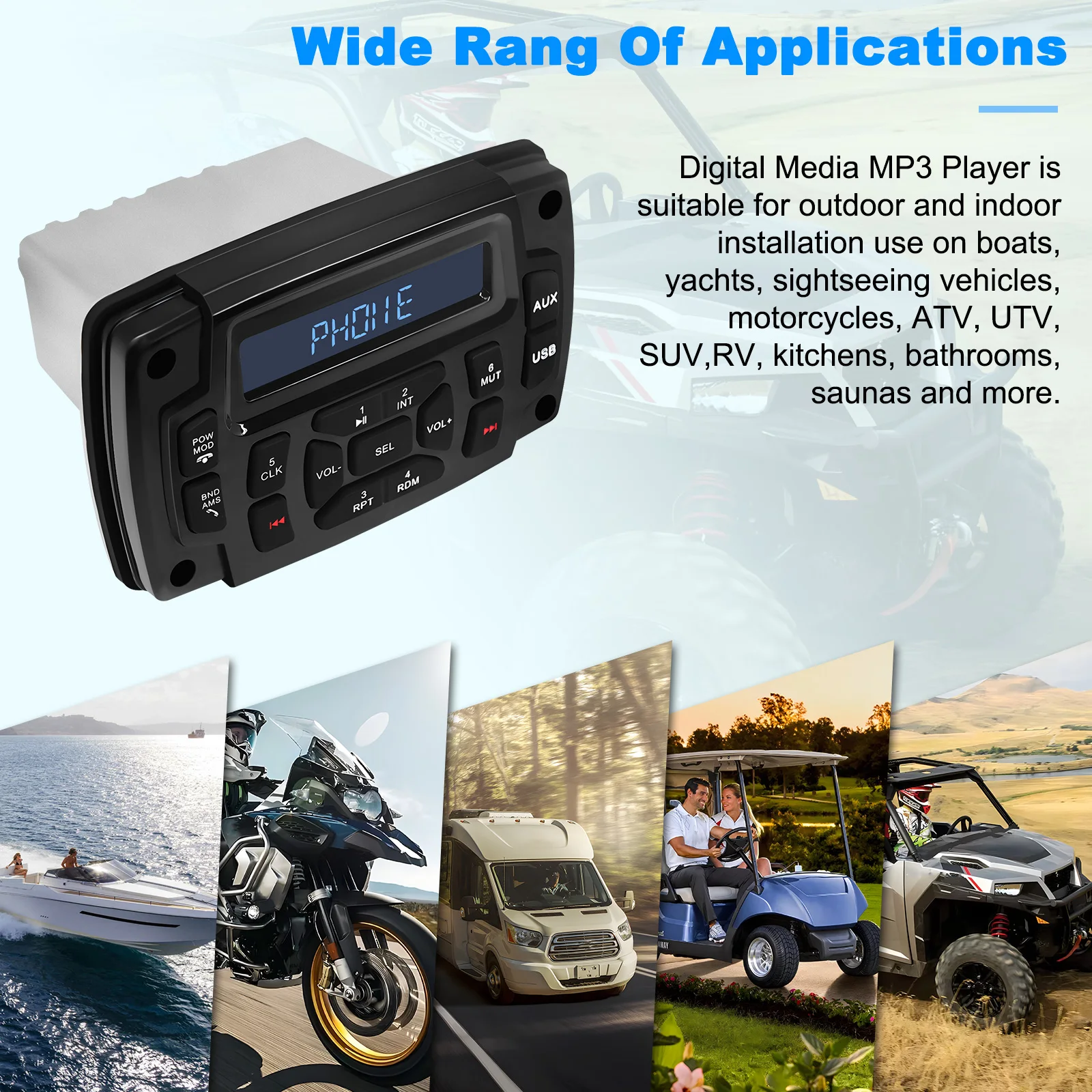 Pemutar MP3 Mobil penerima otomatis, Radio Stereo laut tahan air, sistem suara Audio Radio FM AM, untuk RV ATV truk sepeda motor