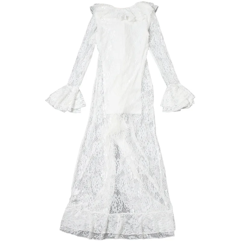 Frau Kleidung Rüschen Solide Weiß Spitze Kleid 2025, Herbst V-ausschnitt Flare Hülse Geraffte Hohe Schlitz Lange Maxi Hochzeit Party Kleider