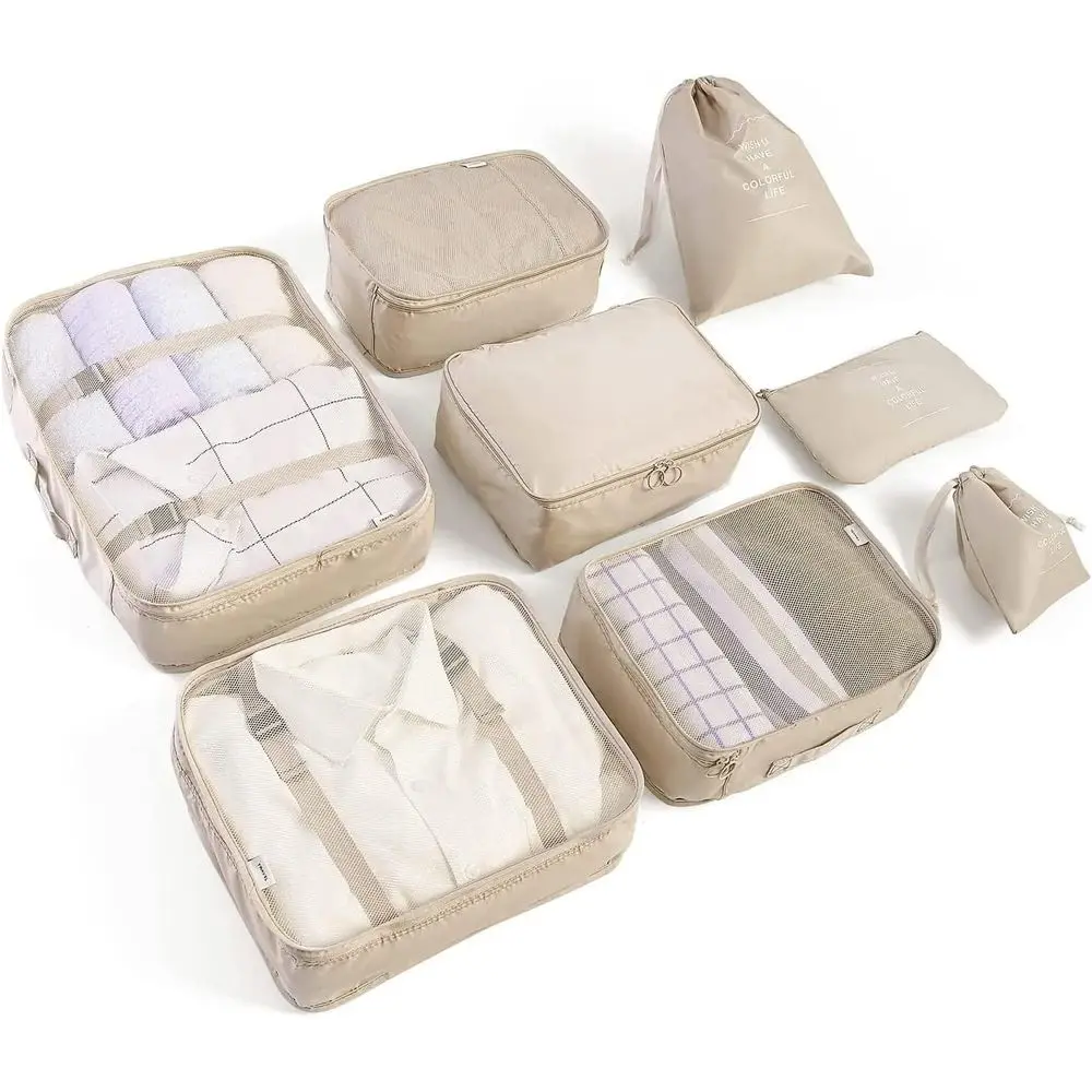 Set Packing Cubes or Suitcases Travel Large Packing Organizers, Accessories Large Organizer with Shoe/Toiletry/Laundry Bag (Beig