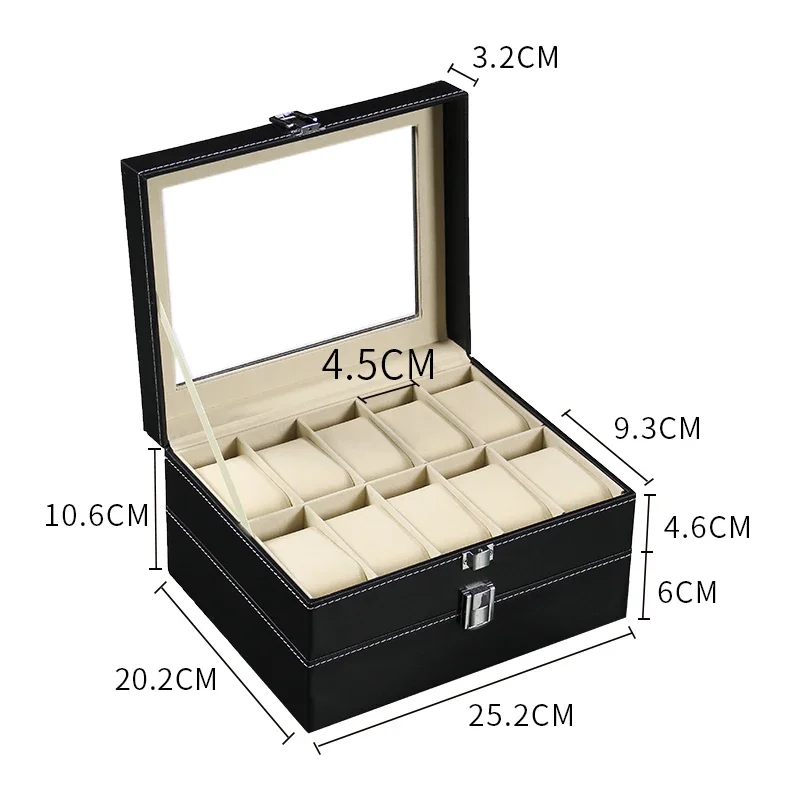 

PU Leather Watch Organizer Box - 10/12/20 Slots Black Watch Storage Case Men's Wrist Watch Display Case Gift