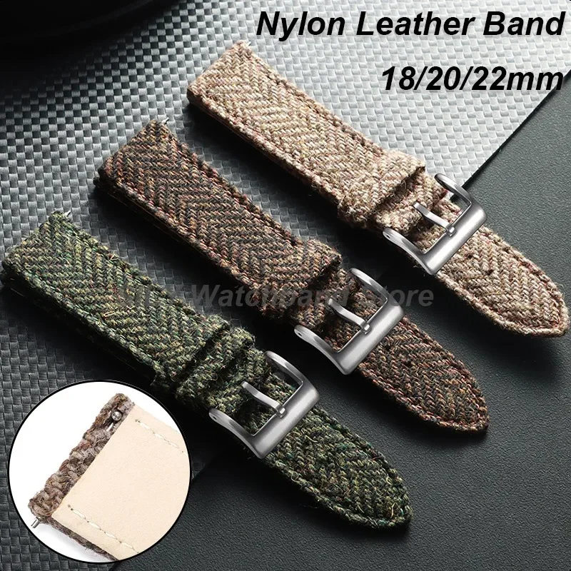 Men Women Watch Band 18/20mm 22mm Sailcloth Tweed Nylon Leather Strap Universal Weave Bracelet Quick Release Wristband for Seiko