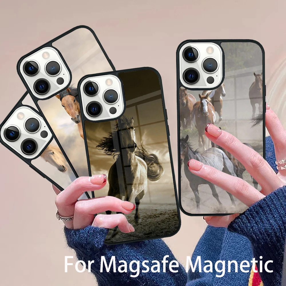 

Horse Racing Run White Brown Animal Phone Case Magesafe Magnetic Wireless Charge Cover For IPhone 16 11 12 13 14 15 Pro Max Plus