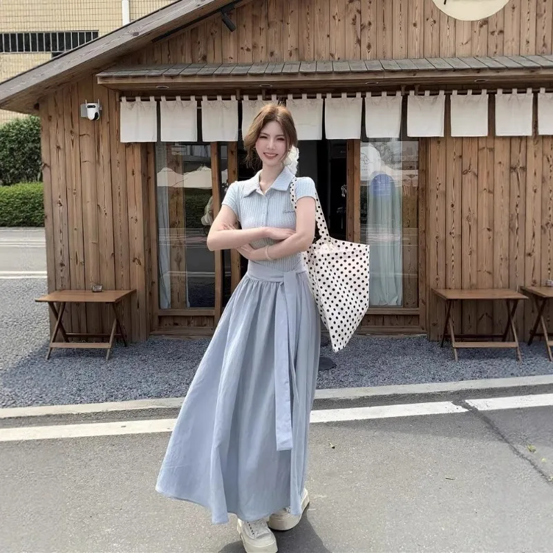 2025 جديد اليابانية الكورية أنيقة الصيف بولو فستان بياقة تي شيرت الربط قصيرة الأكمام النساء الركبة طول مرونة الخصر فساتين